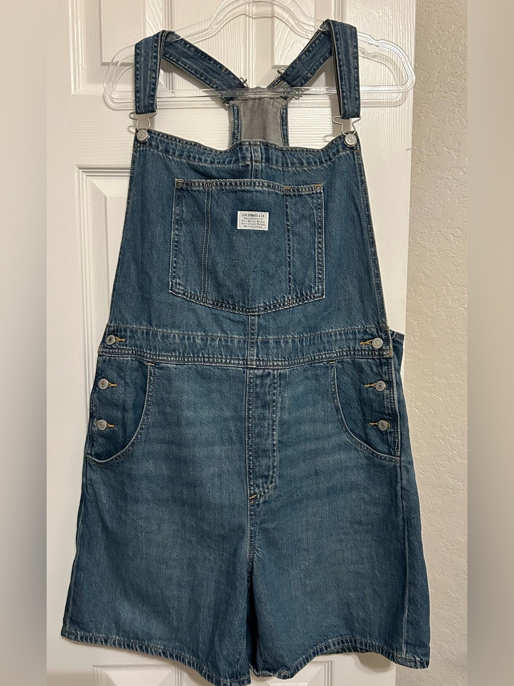 Classic Denim Short Overalls in Mid Blue